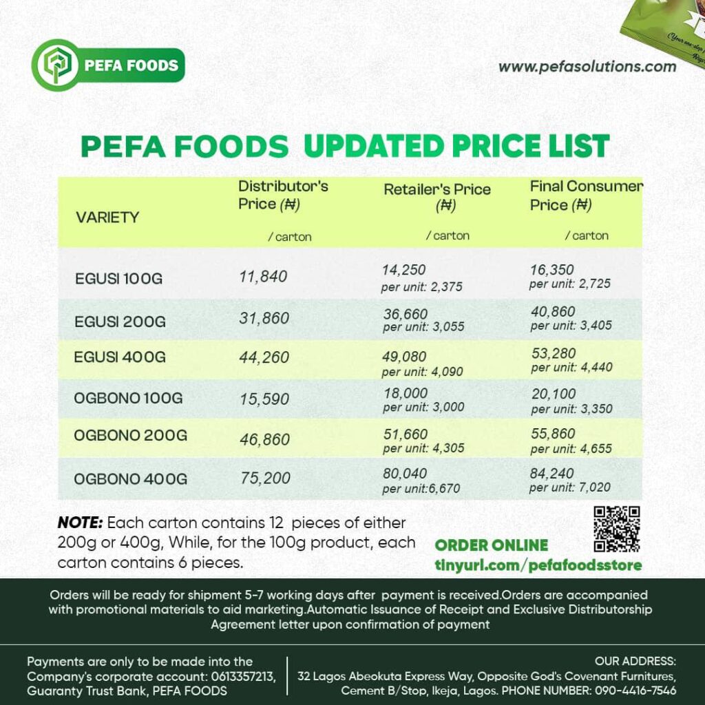 price list pefa foods